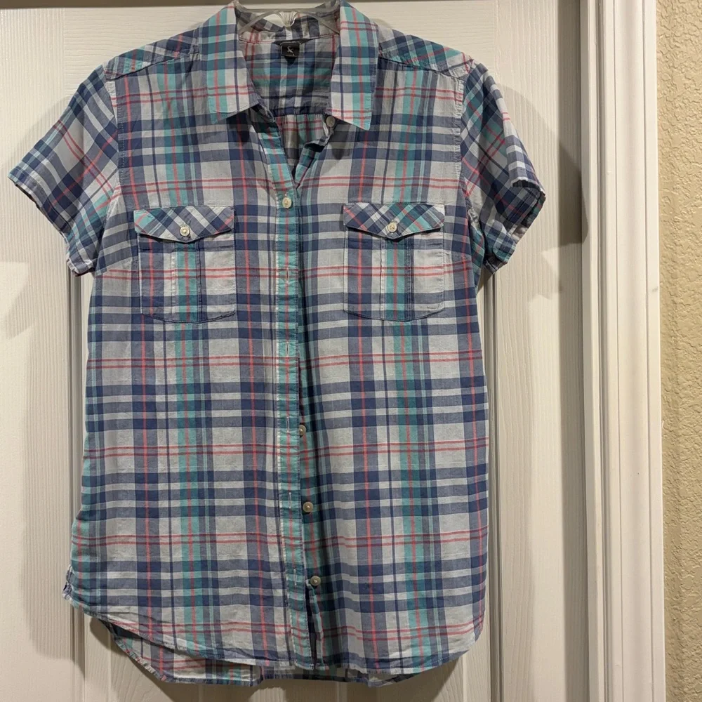 Eddie Bauer Plaid Short-Sleeve Button-Up Shirt - Blue/Teal size L Womens - Picture 1 of 5
